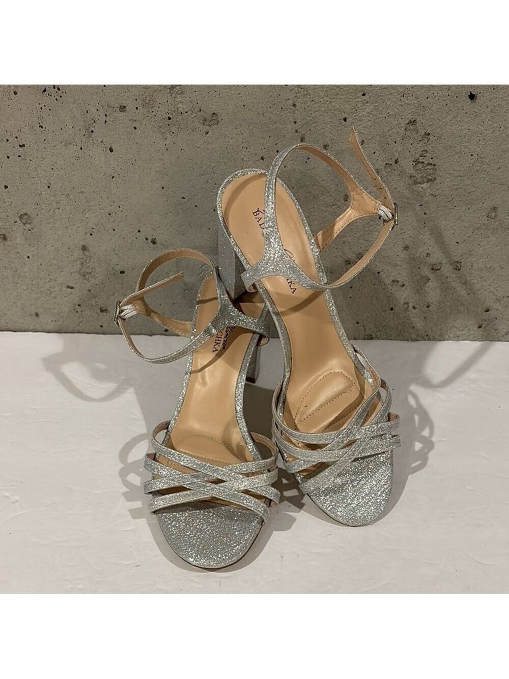 American Glamour Badgley Mischka Glittery Silver Heeled Sandals - Size 19